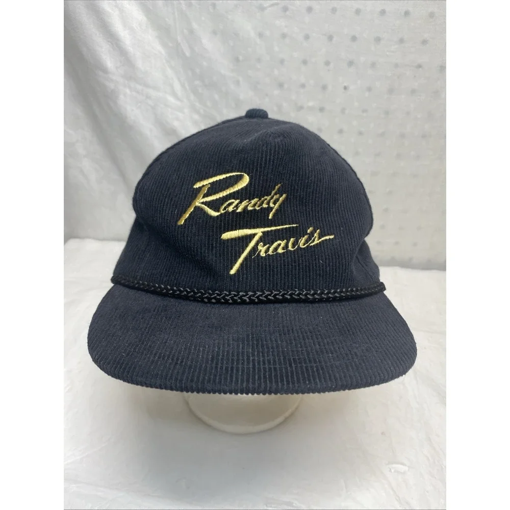 Vtg Randy Travis Corduroy Embroidered Snapback Spellout Corded Black Hat Country
